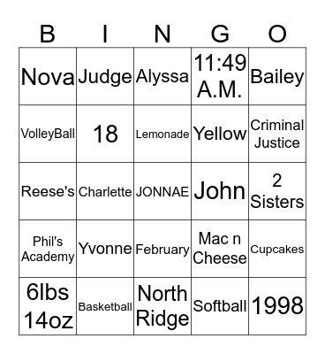 Jonnae's BINGO  Bingo Card