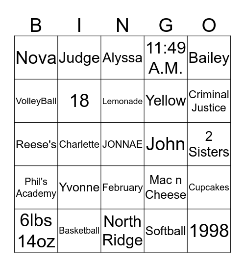 Jonnae's BINGO  Bingo Card