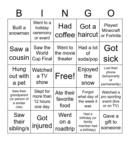 Classroom bingo: what happened over break? Bingo Card