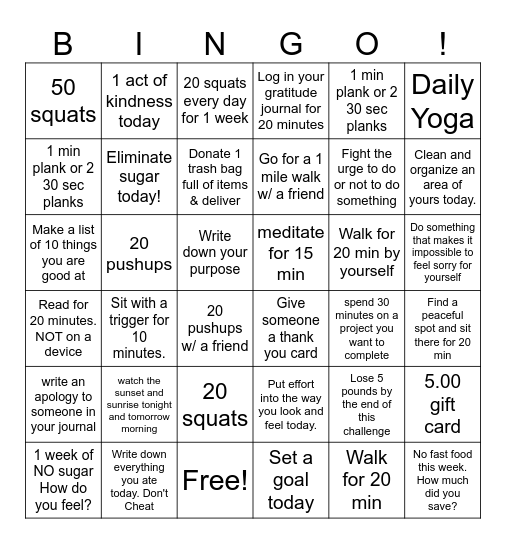 RRMG Health and Wellness Challenge Bingo Card