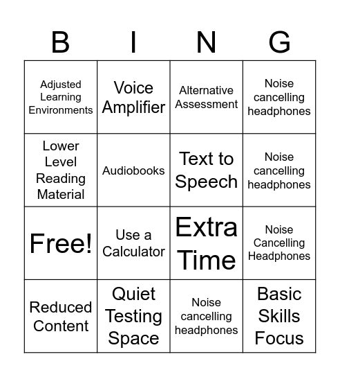 Accommodations and Modifications Bingo Card