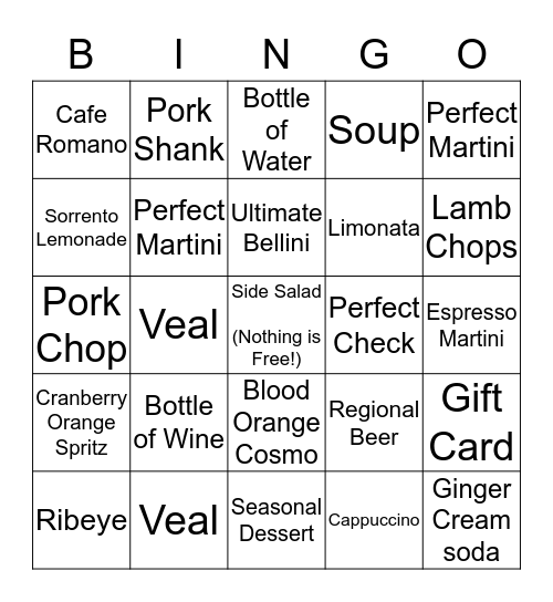 Macaroni Grill Bingo Card