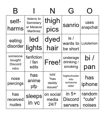 E-Girl Bingo Card