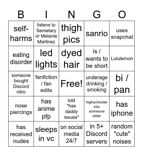 E-Girl Bingo Card