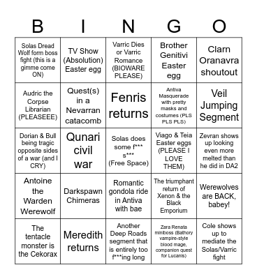 Bekah Dragon Age 4 Predictions Bingo Card