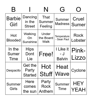 Summer Time HITS!! OR HOT HITS Bingo Card