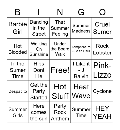 Summer Time HITS!! OR HOT HITS Bingo Card