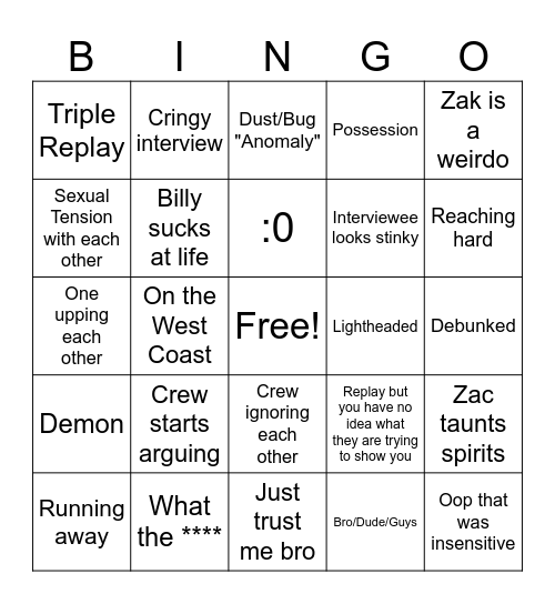 Ghost Adventures Bingo Card