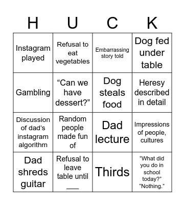 Family Dinner Bingo Card
