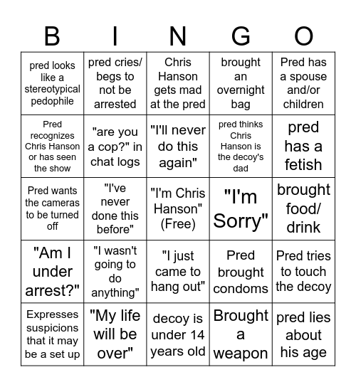 To Catch a Predator Bingo Card