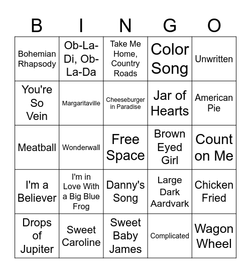 Sing Bingo Card