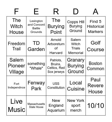 Massachussets Bingo Card