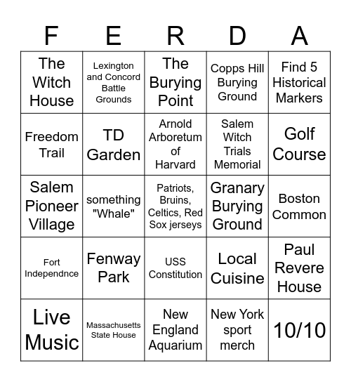 Massachussets Bingo Card