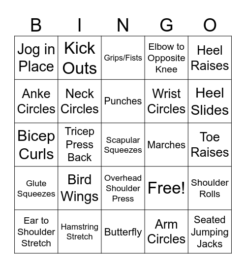 Exercise Bingo Card