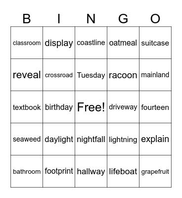 Lesson 92 Bingo Card