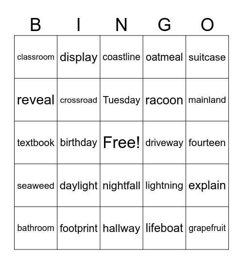 Lesson 92 Bingo Card