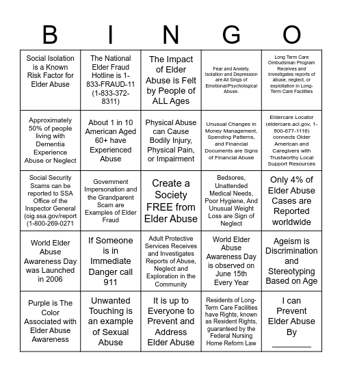World Elder Abuse Day Bingo Card