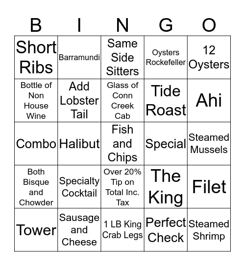 Restaurant  Bingo Card