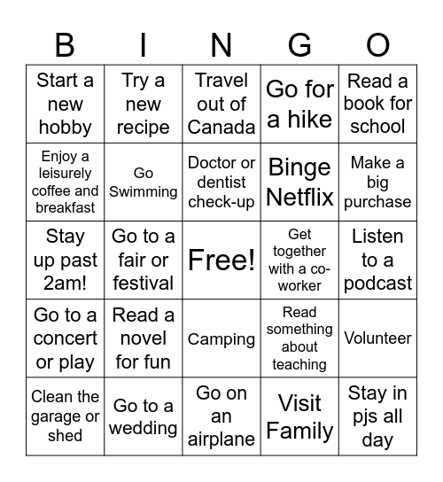 Teacher Summer Plans Bingo Card