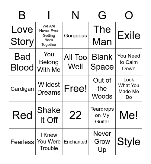 Taylor Swift Bingo Card