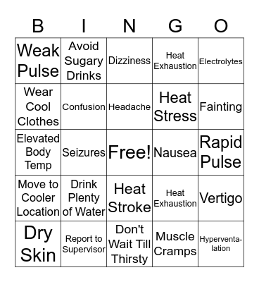 Heat Illness Bingo Card