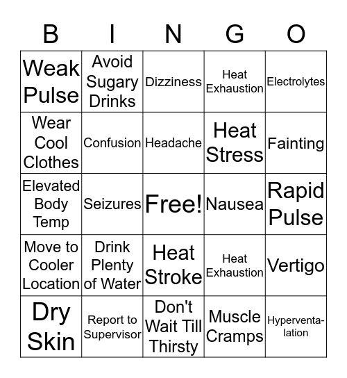 Heat Illness Bingo Card