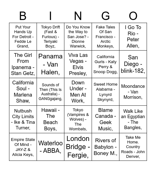 DJ Jakesy Hustle presents PLACES Bingo Card