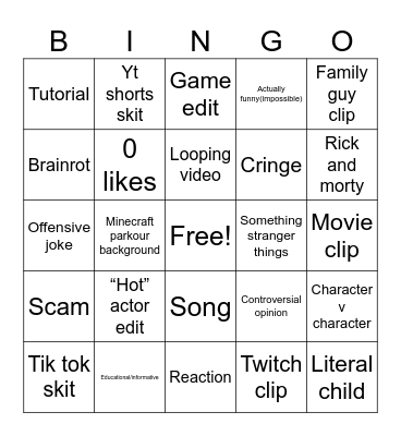 YouTube shorts Bingo Card