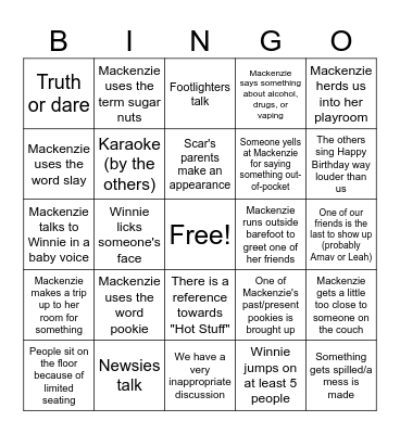 Mackenzie's Birthday Party Bingo Card