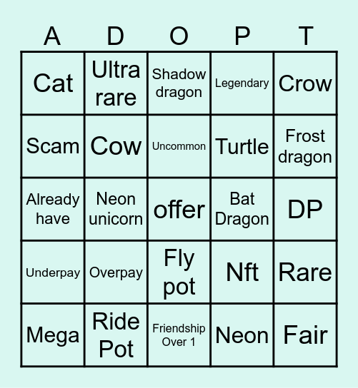 Adopt me trading bingo Card