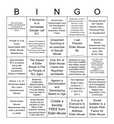 World Elder Abuse Day Bingo Card