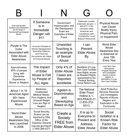 World Elder Abuse Day Bingo Card