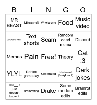 YOUTUBE SHORTS BINGO Card