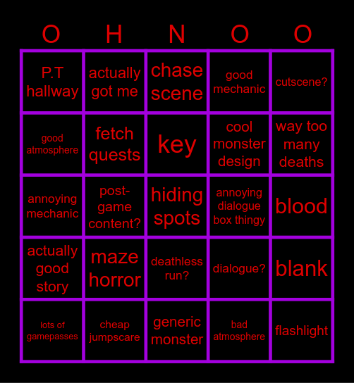 Roblox horror game bingo Card