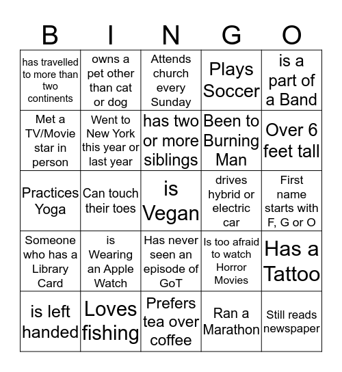 Intern Orientation Bingo Card