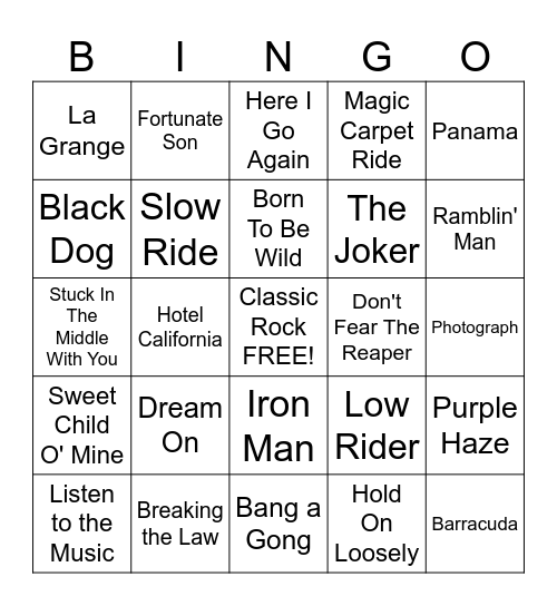 Classic Rock Bingo Card