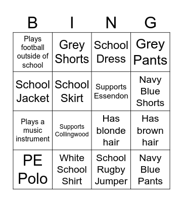 School Uniform Bingo! Bingo Card
