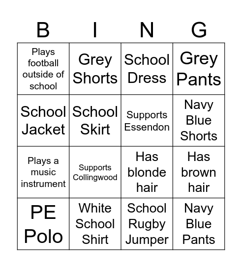 School Uniform Bingo! Bingo Card