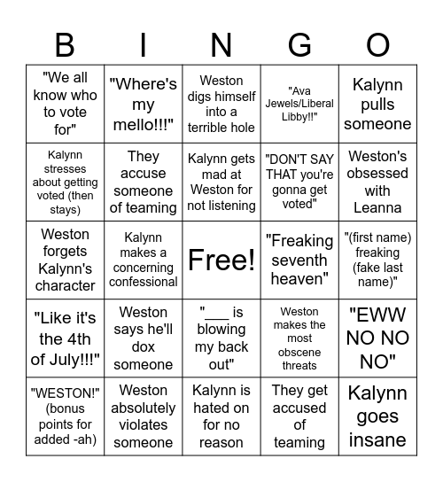 Sinjin Drowning TDI Bingo Card