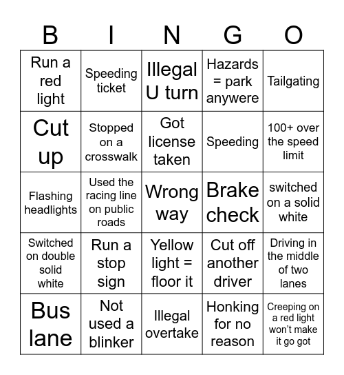 Driving violations Bingo Card