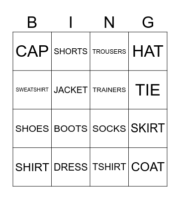 Clothes Bingo Card
