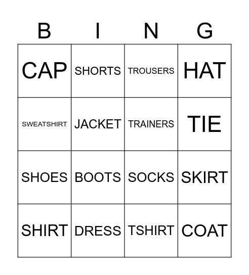 Clothes Bingo Card