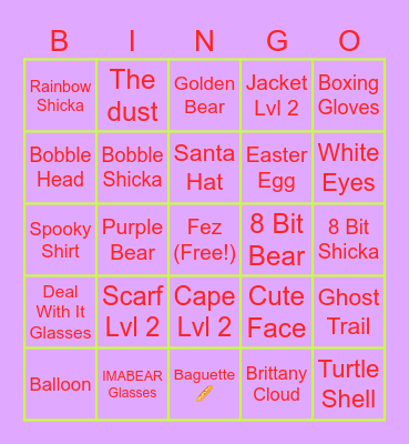 Super Bear Adventure Accessories Bingo Card