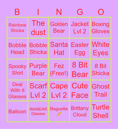 Super Bear Adventure Accessories Bingo Card