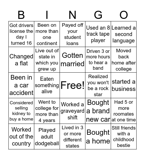 Life Experience Bingo Card