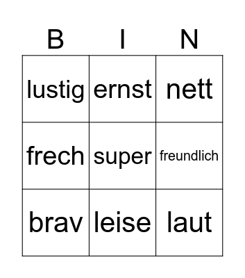 Charakter Bingo Card