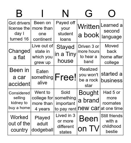 Life Experience Bingo Card