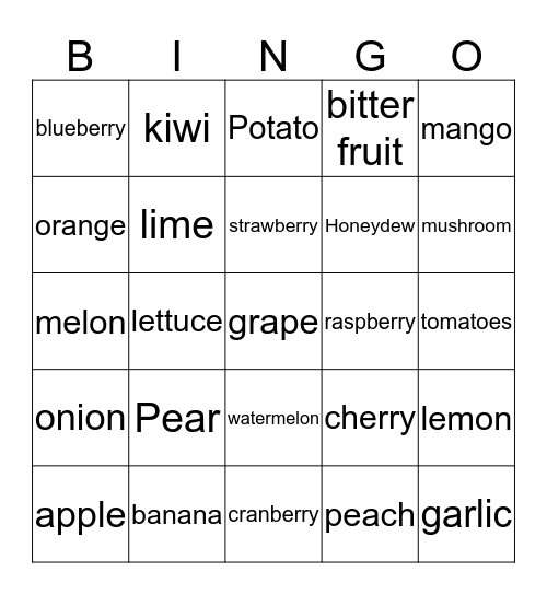 Fruit And veg Bingo Card