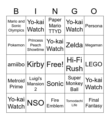 Nintendo Direct 2024 Bingo Card