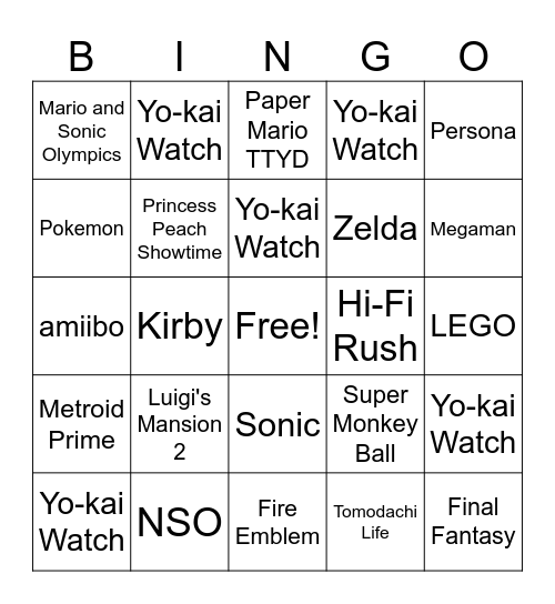 Nintendo Direct 2024 Bingo Card